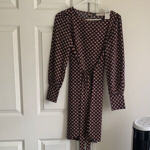 LOFT Navy Blue and Pink Geometric Long Sleeve Dress